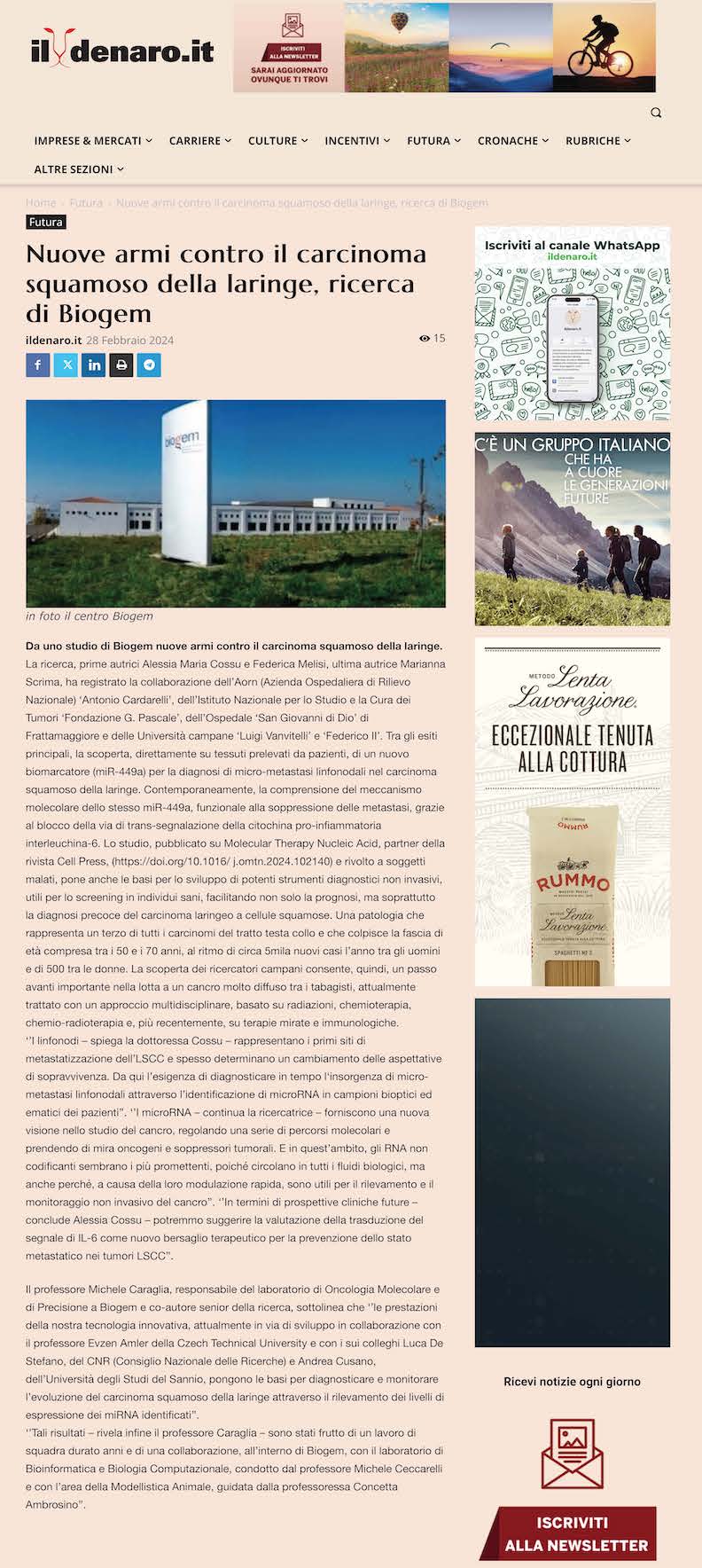 Nuove armi contro il carcinoma squamoso della laringe, ricerca di Biogem